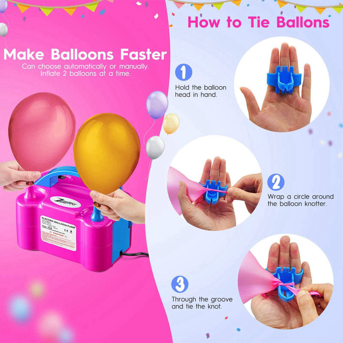 ZEUSRAY Portable Electric Balloon Pump - 110V 600W Dual Nozzle Balloon Inflator Pump with 113 accessories Decorations fo