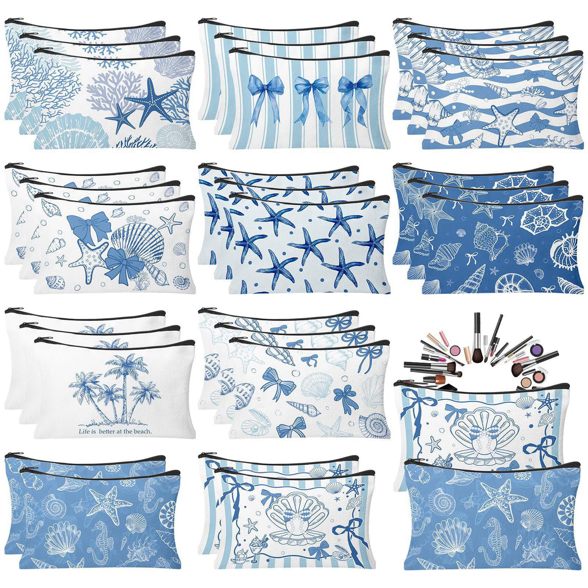 HSDSH 30 Pcs Coastal Makeup Bags Blue Bow Seashell Makeup Bag Ocean Themed Cosmetic Bags Bulk Portable Travel Toiletry P