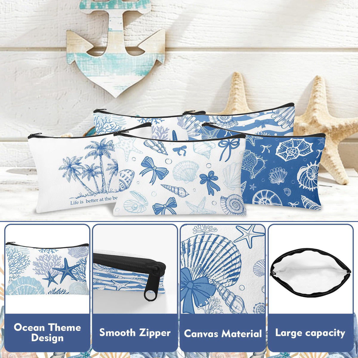 HSDSH 30 Pcs Coastal Makeup Bags Blue Bow Seashell Makeup Bag Ocean Themed Cosmetic Bags Bulk Portable Travel Toiletry P