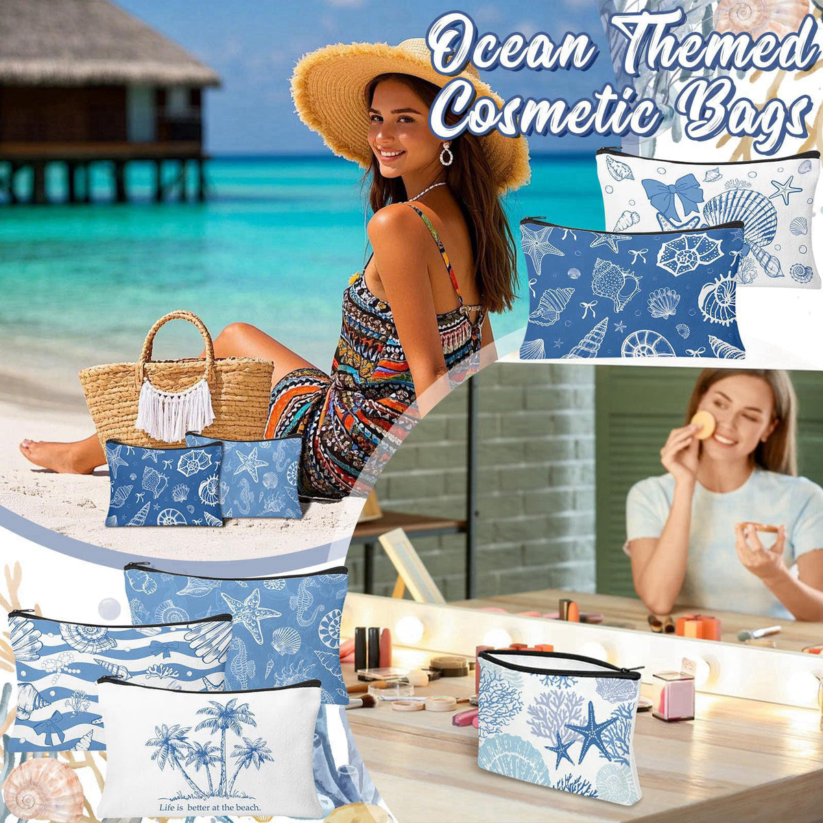 HSDSH 30 Pcs Coastal Makeup Bags Blue Bow Seashell Makeup Bag Ocean Themed Cosmetic Bags Bulk Portable Travel Toiletry P