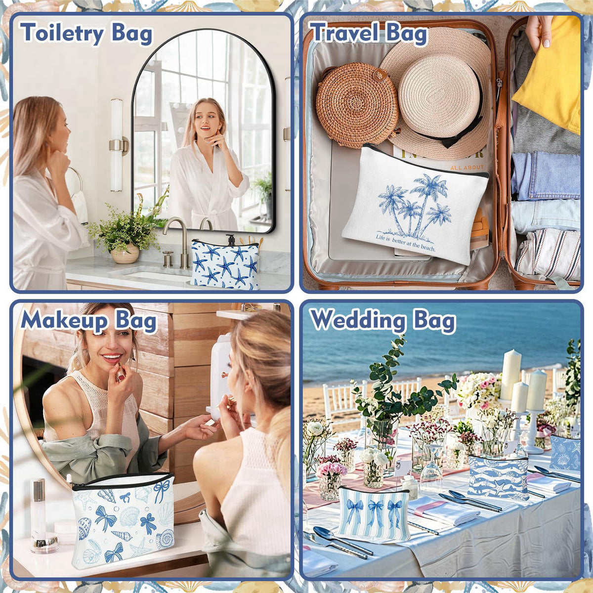 HSDSH 30 Pcs Coastal Makeup Bags Blue Bow Seashell Makeup Bag Ocean Themed Cosmetic Bags Bulk Portable Travel Toiletry P