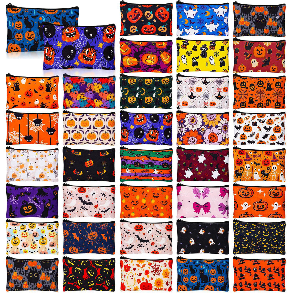 Locmeo 36 Pcs Halloween Canvas Makeup Bags Bulk Zipper Pumpkin Ghost