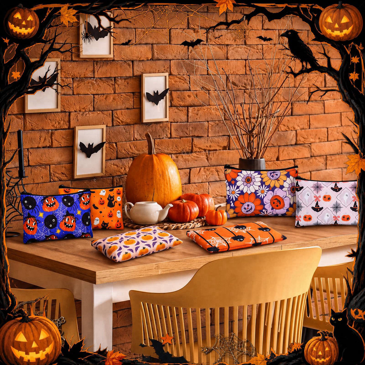 Locmeo 36 Pcs Halloween Canvas Makeup Bags Bulk Zipper Pumpkin Ghost – close-up detail