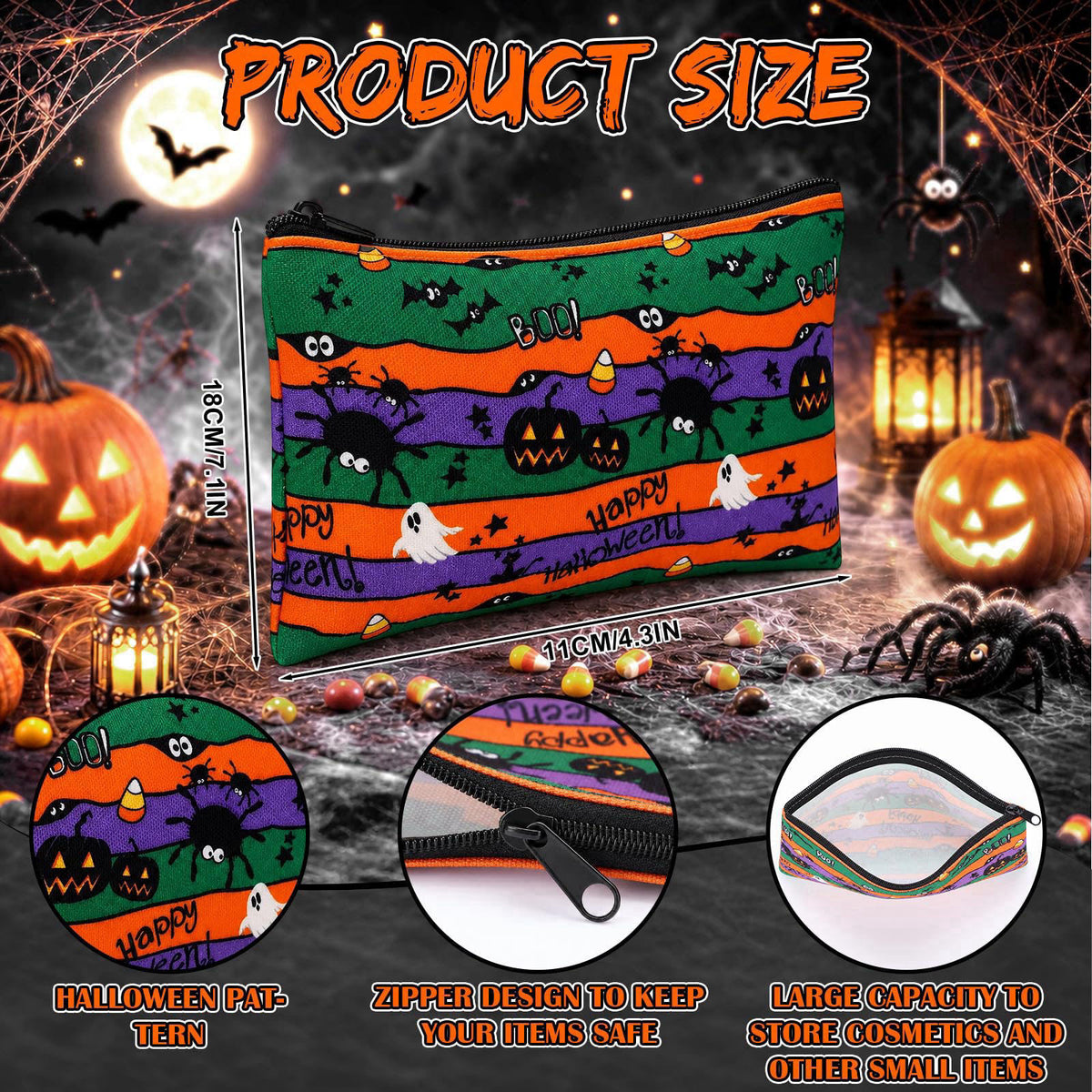 Locmeo 36 Pcs Halloween Canvas Makeup Bags Bulk Zipper Pumpkin Ghost – packaging and label