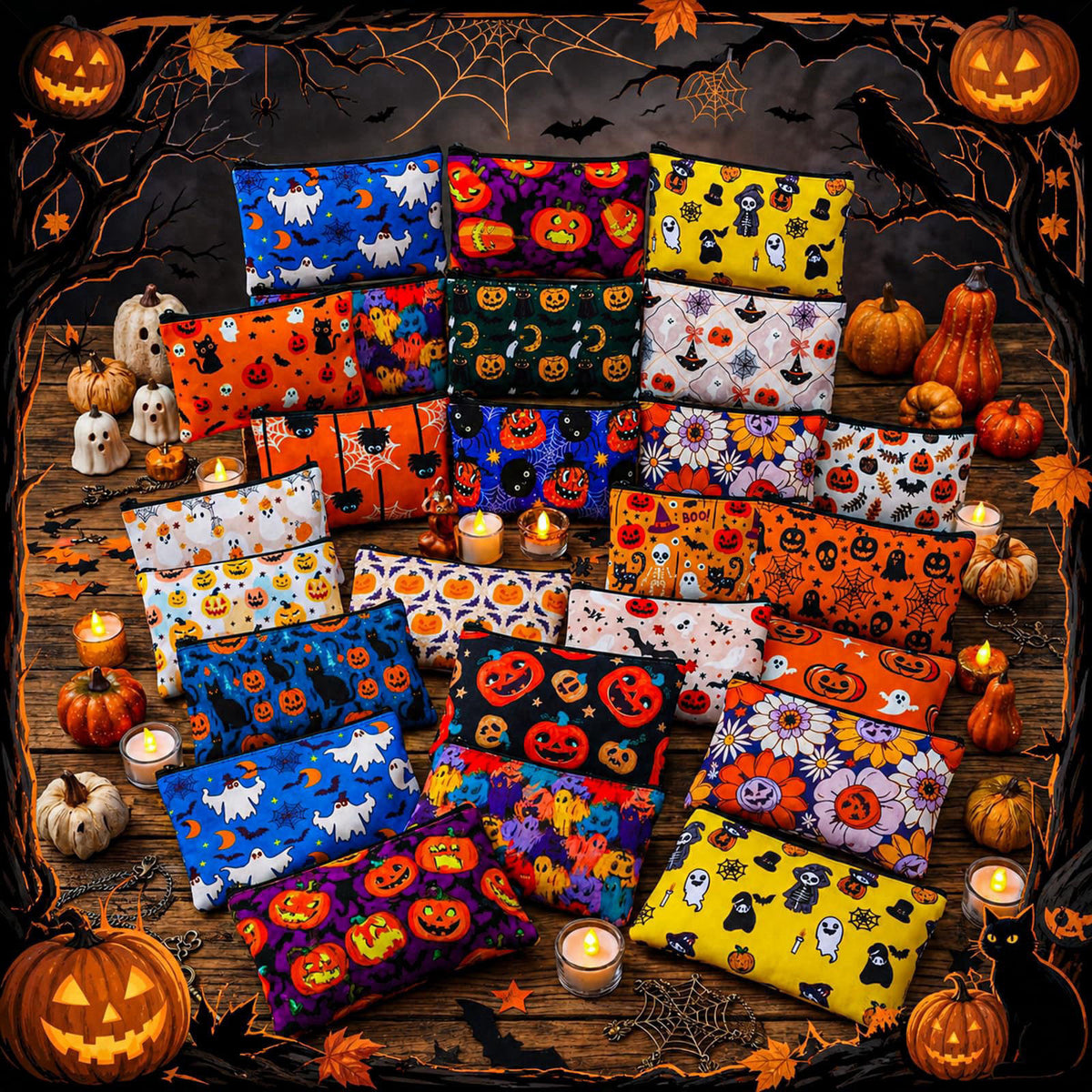 Locmeo 36 Pcs Halloween Canvas Makeup Bags Bulk Zipper Pumpkin Ghost – full view