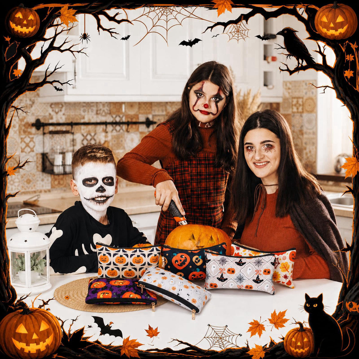 Locmeo 36 Pcs Halloween Canvas Makeup Bags Bulk Zipper Pumpkin Ghost – back view and specifications