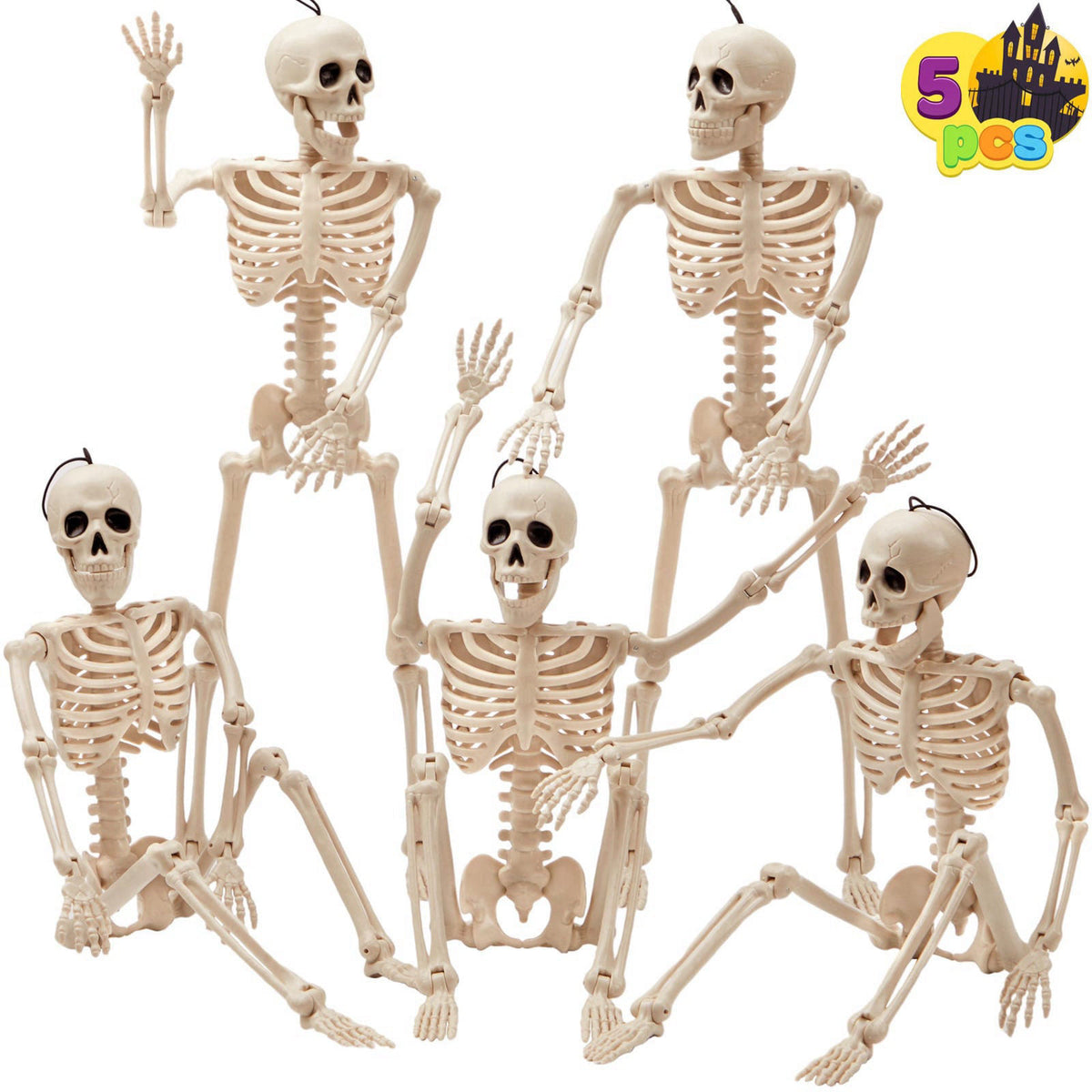 JOYIN 5 PCS Posable Halloween Skeleton Decor 16 Inches, Full Body Posable Joints Hanging Skeletons for Halloween Decorat