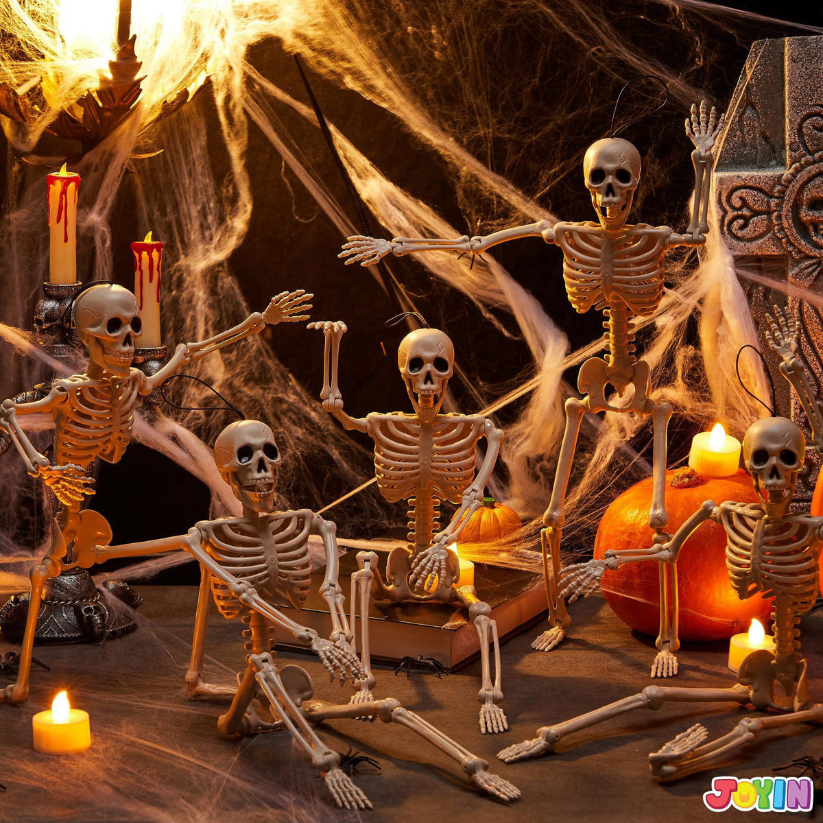 JOYIN 5 PCS Posable Halloween Skeleton Decor 16 Inches, Full Body Posable Joints Hanging Skeletons for Halloween Decorat