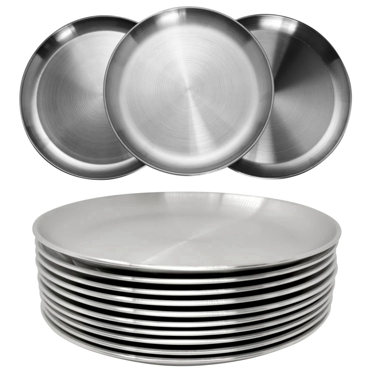 CAMBUY Stainless Steel Plates 9 inch 10 Pcs Metal Dinner Dishes Plate Set – 10 Pack 9', 24 Oz 7.5 inch 28 Oz 9.4 inch 18