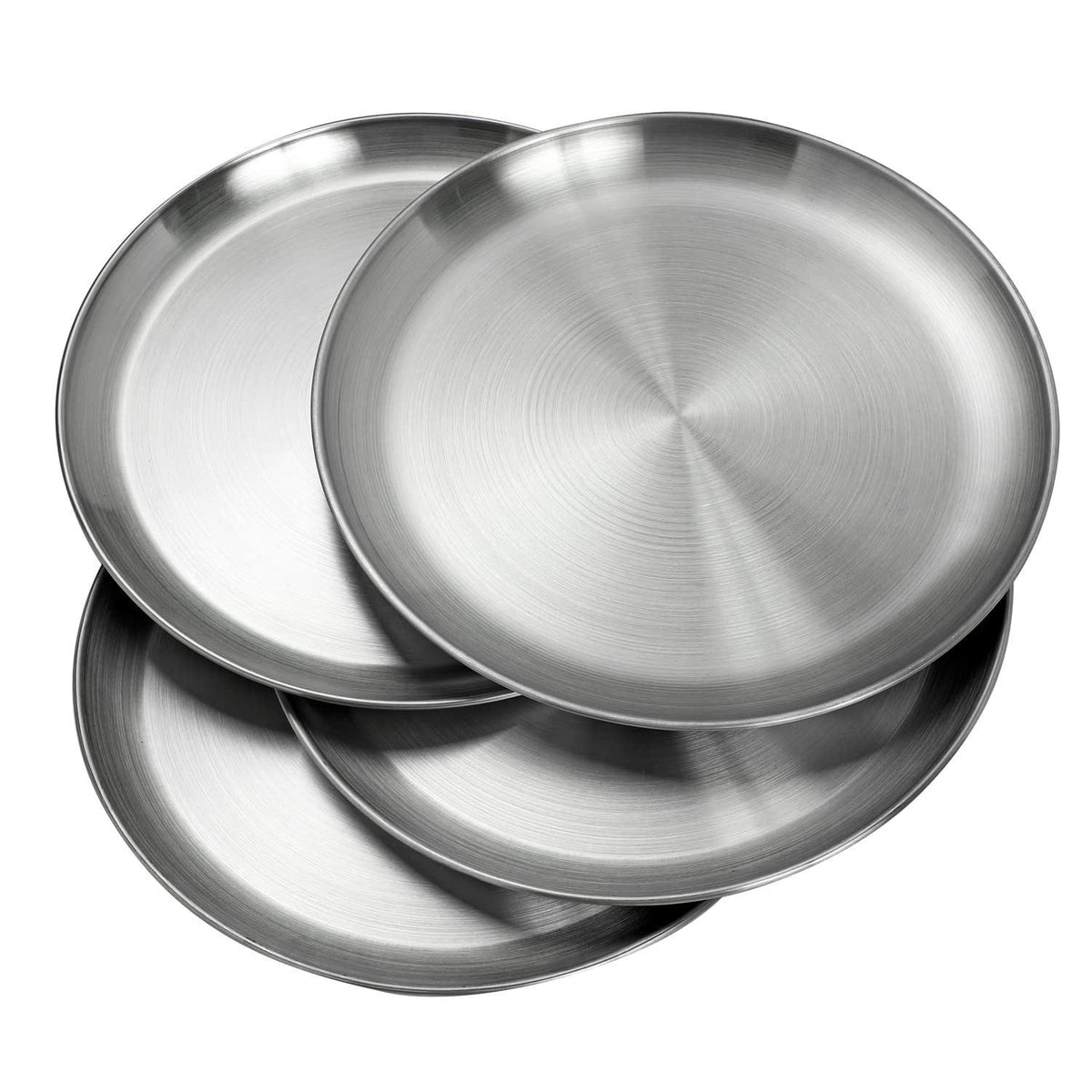 CAMBUY Stainless Steel Plates 9 inch 10 Pcs Metal Dinner Dishes Plate Set – full view, size 24 Oz 7.5 inch 28 Oz 9.4 inc