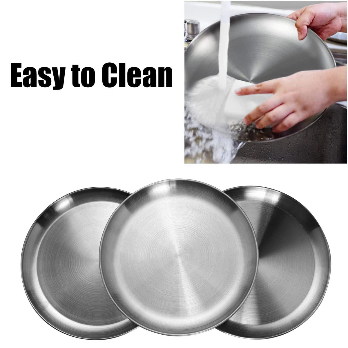 CAMBUY Stainless Steel Plates 9 inch 10 Pcs Metal Dinner Dishes Plate Set – back view and specifications