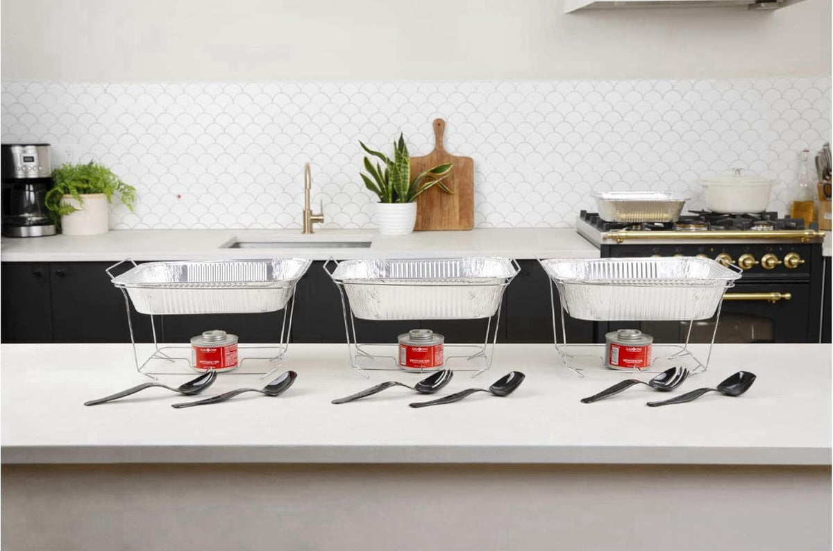 Alpha Living 3-Pack Disposable Chafing Dish Buffet Set with Fuel Cans – close-up detail in Silver