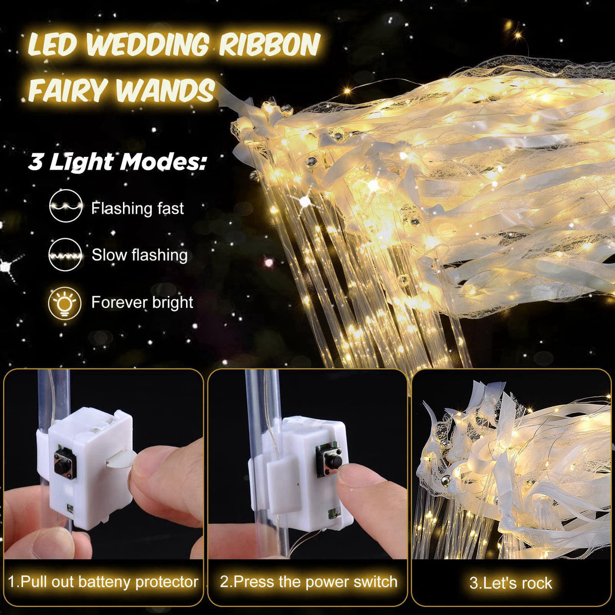 HONLYNE 28PCS Light up Wands for wedding, Wedding Wands Streamers with 3 Colorful Flashing Modes, Fairy Wands, LED Silk 