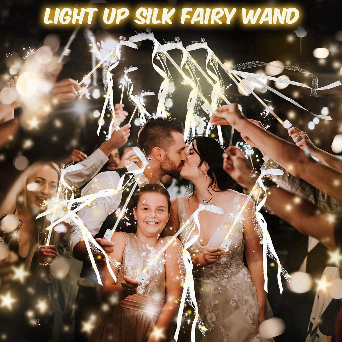 HONLYNE 28PCS Light up Wands for wedding, Wedding Wands Streamers with 3 Colorful Flashing Modes, Fairy Wands, LED Silk 