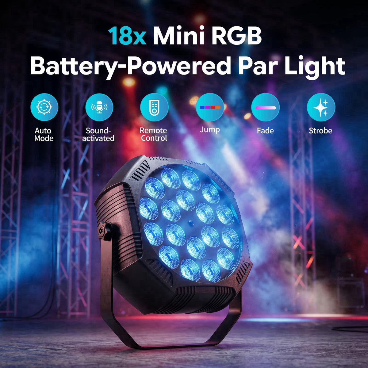 ZonQoonz Mini Rechargeable Par Uplights, USB-C Battery-Powered 18 LED RGB Sound-Activated Wireless Remote-Controlled Sta