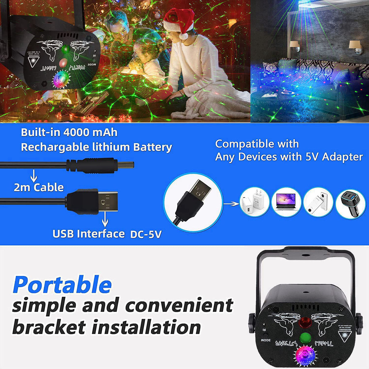 kismee Disco Stage Lights Rechargeable Wireless DJ Lights for Parties Sound Activated for Xmas Bar Halloween Decorations