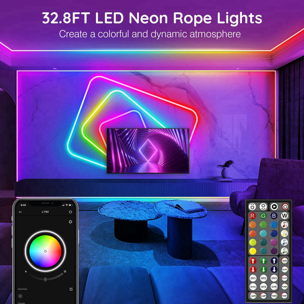 AILBTON 32.8Ft Neon Rope Lights,Flexible Led Rope Lights Control with App/Remote,Multiple Modes RopeLights,IP65 Outdoor 