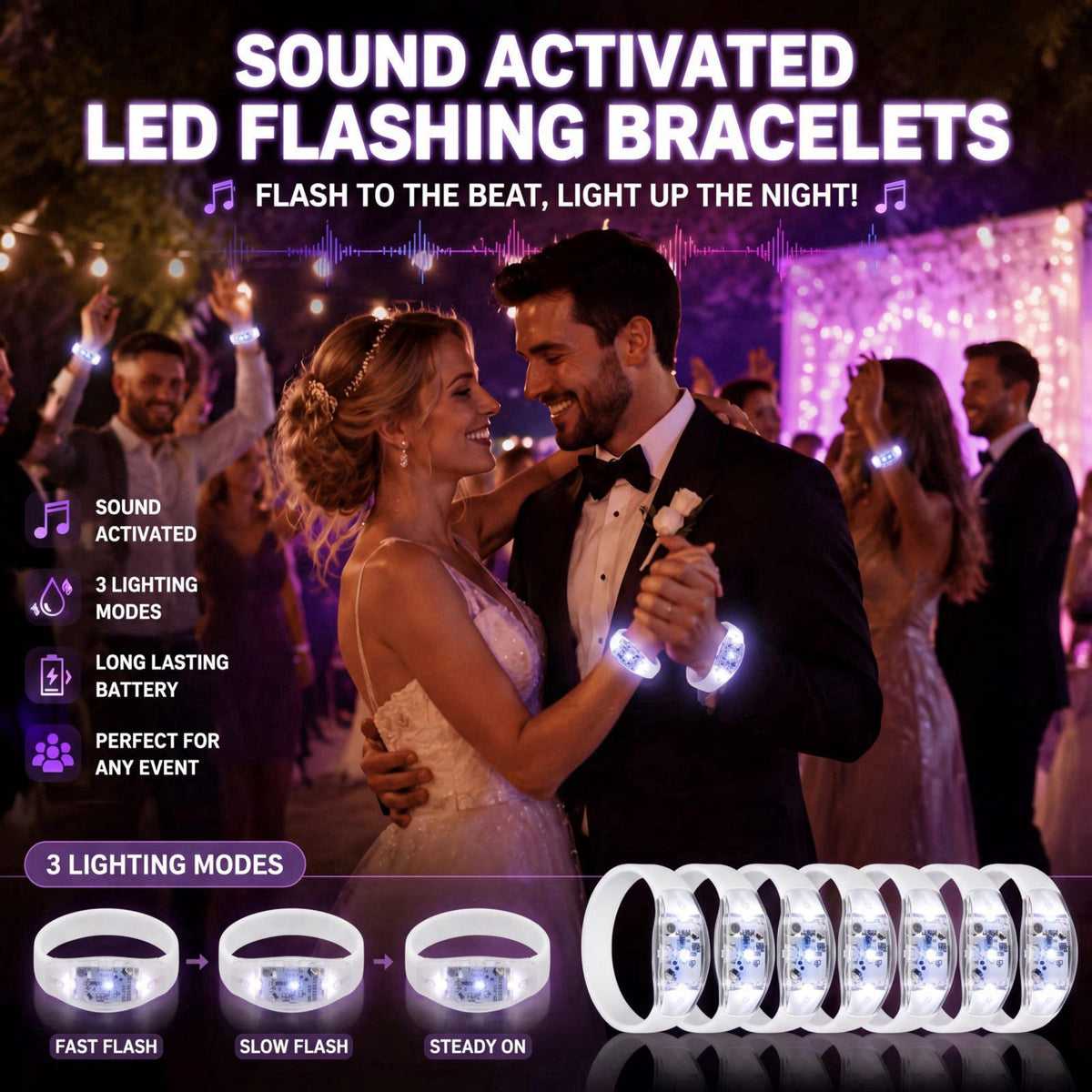 JellyArch 12 Pcs Glow Bracelets, LED Sound Activated Flashing Party Favors – back view and specifications