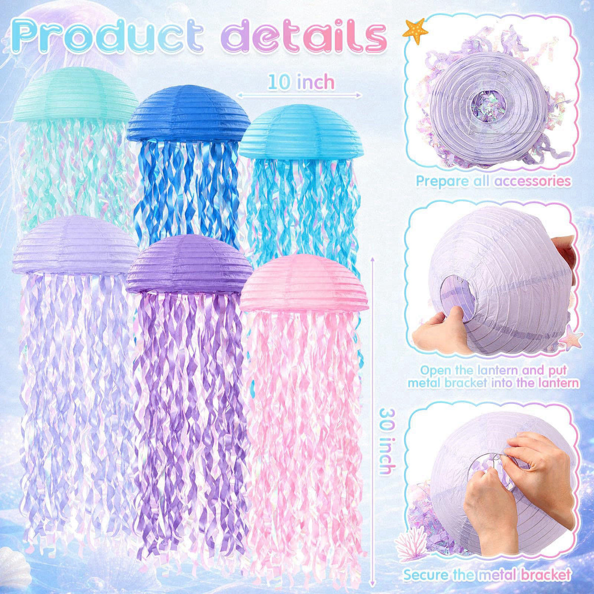 Soulchen 20 Pcs Jellyfish Lantern with Curtain Bubble Streamer, Laser Color – packaging and label