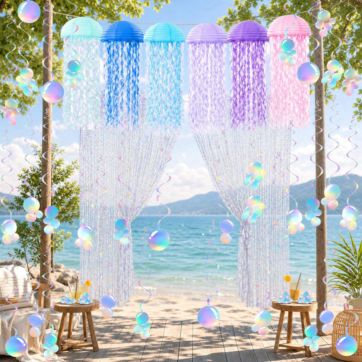 Soulchen 20 Pcs Jellyfish Lantern with Curtain Bubble Streamer, Laser Color – alternate angle