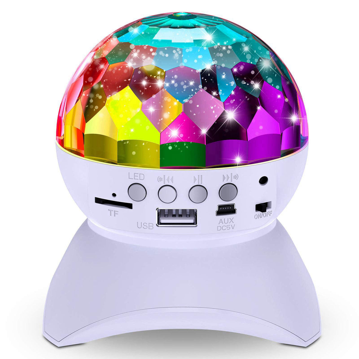 HTRise Disco Ball Home Party Light Show Speaker – close-up detail in Red, Green, Blue, White, Purple