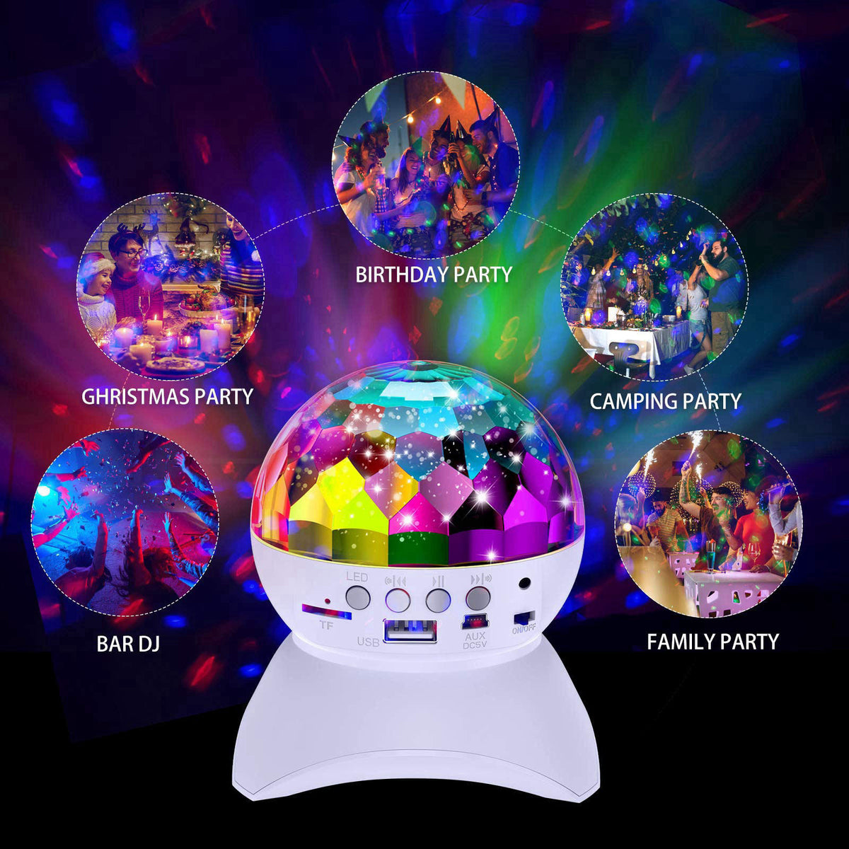 HTRise Disco Ball Home Party Light Show Speaker – back view and specifications