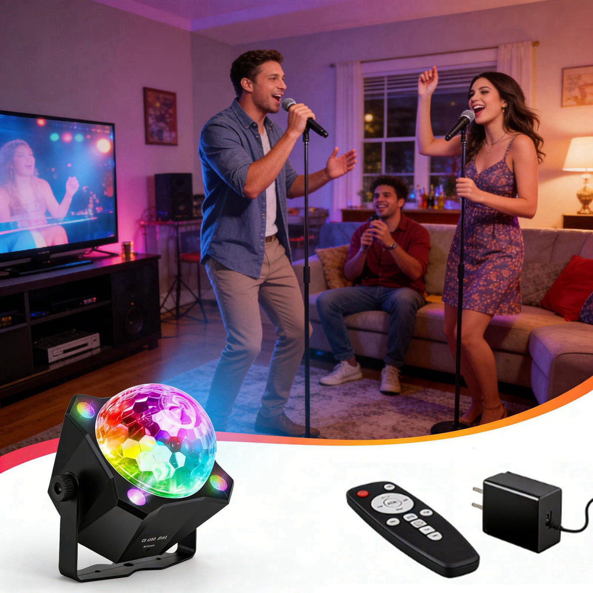 LED Disco Ball Party Light, Sound Activated Remote, 6 Color Strobe Lamp – close-up detail in Black