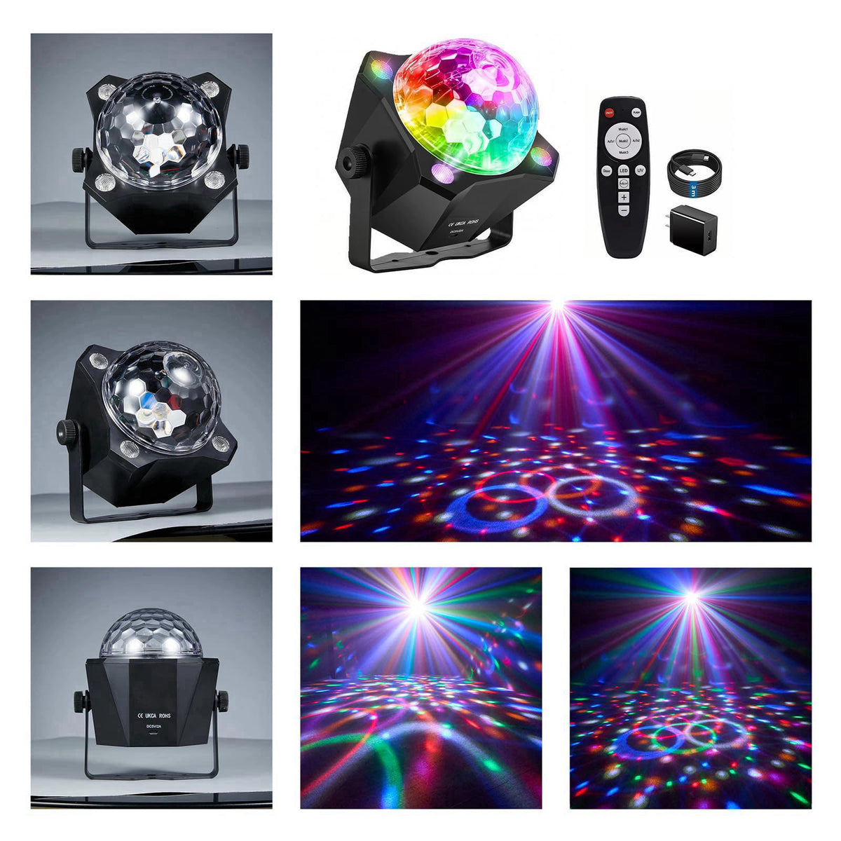 LED Disco Ball Party Light, Sound Activated Remote, 6 Color Strobe Lamp – packaging and label