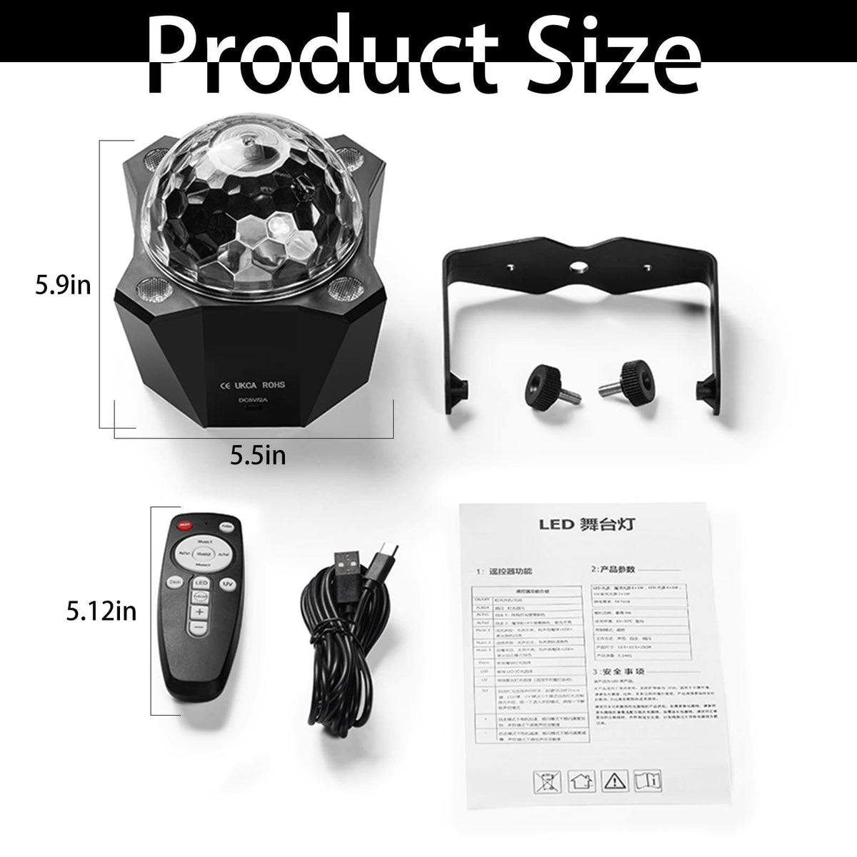 LED Disco Ball Party Light, Sound Activated Remote, 6 Color Strobe Lamp – back view and specifications