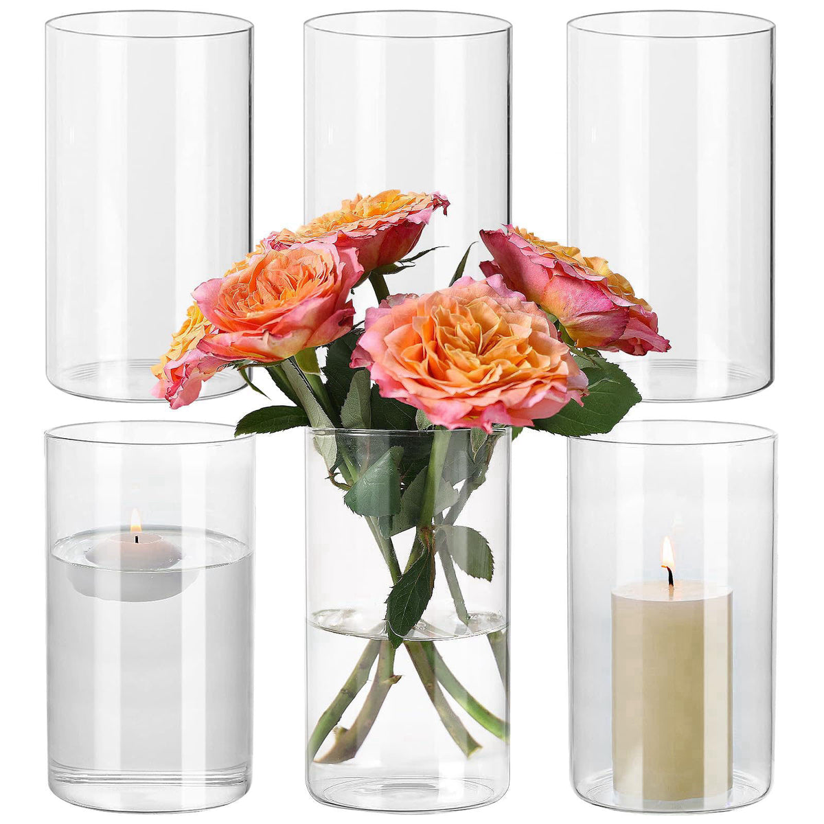 SUPMIND 6Pcs Glass Cylinder Vases, Clear Flower Vase Bulk for Centerpieces – Clear, Glass