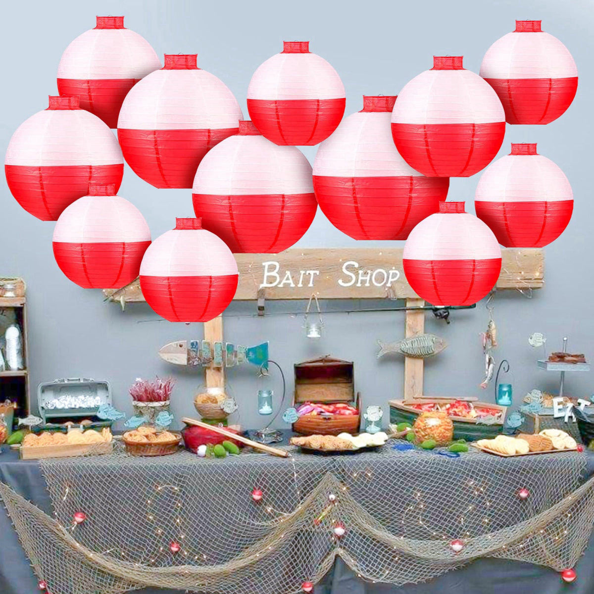 ngsiiohun Fishing Bobber Paper Lanterns Round Decoration Lantern 12 PCS Red and White Hanging Paper Lanterns for Fisherm