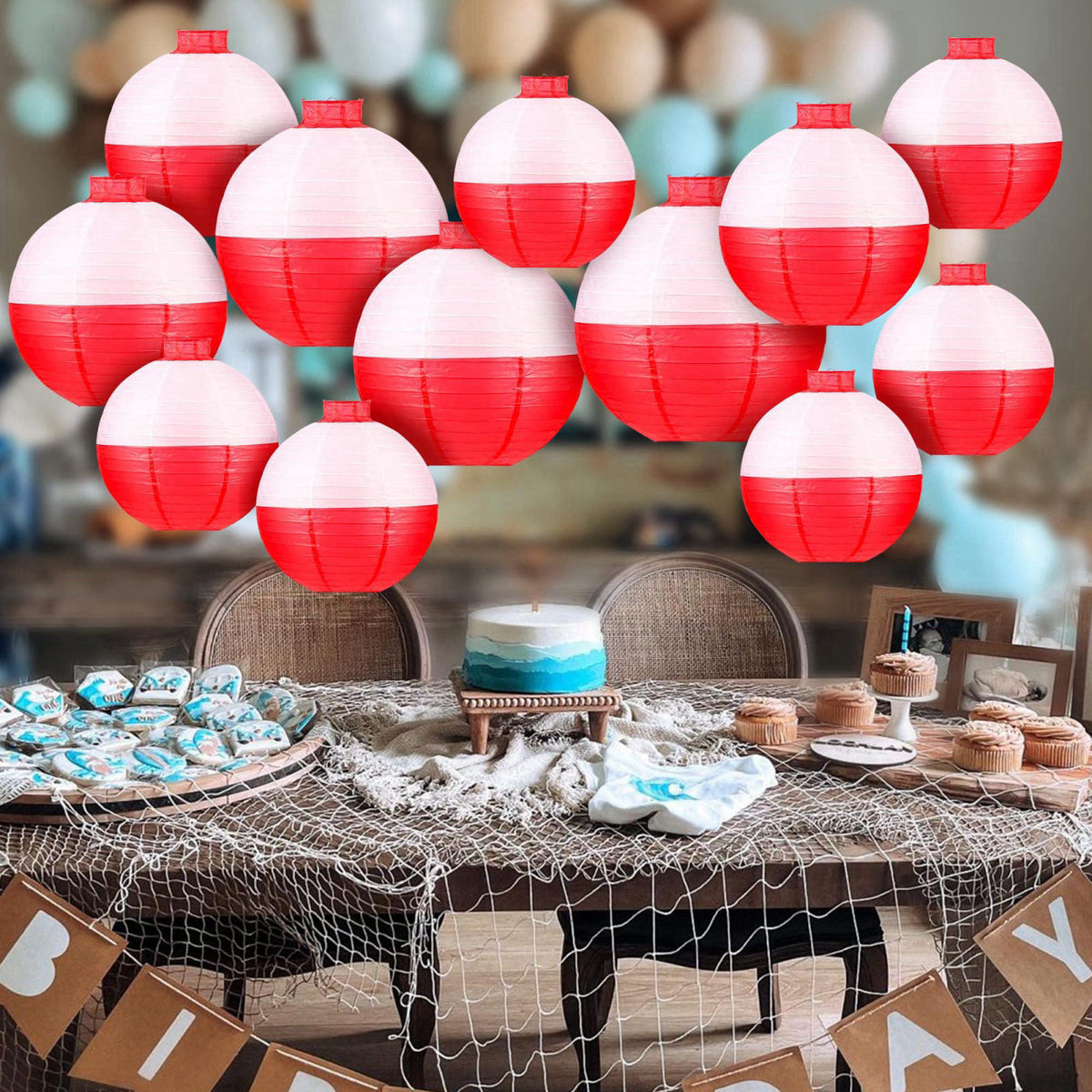 ngsiiohun Fishing Bobber Paper Lanterns Round Decoration Lantern 12 PCS Red and White Hanging Paper Lanterns for Fisherm