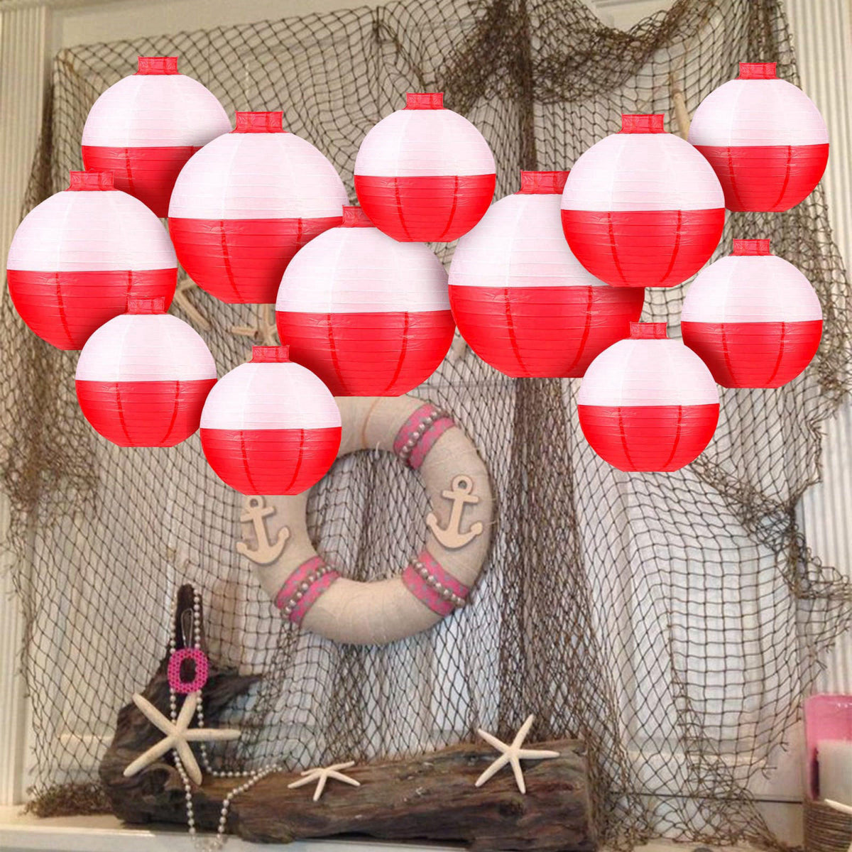 ngsiiohun Fishing Bobber Paper Lanterns Round Decoration Lantern 12 PCS Red and White Hanging Paper Lanterns for Fisherm
