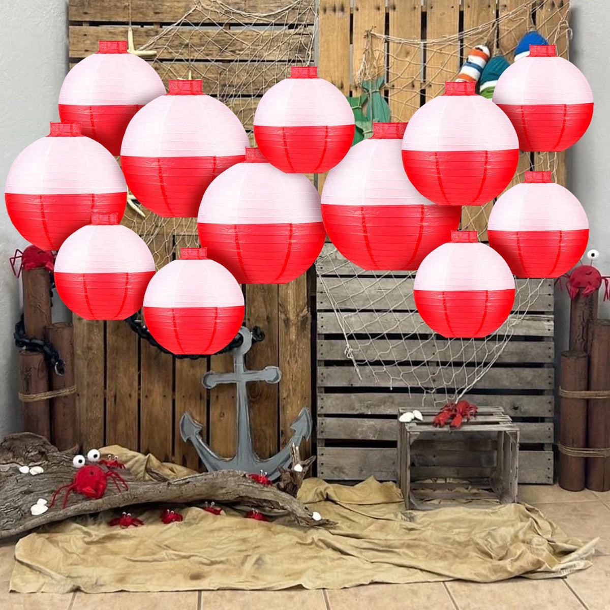 ngsiiohun Fishing Bobber Paper Lanterns Round Decoration Lantern 12 PCS Red and White Hanging Paper Lanterns for Fisherm