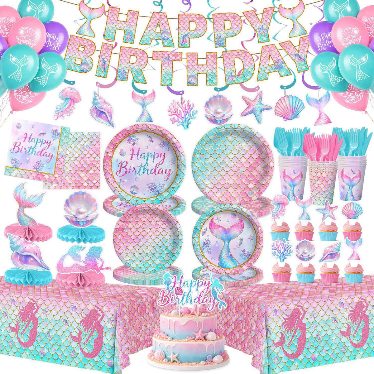 Kinovo 202 Pcs Mermaid Birthday Party Decorations (Serves 24), Mermaid Party Supplies Include Banner Hanging Plates Napk