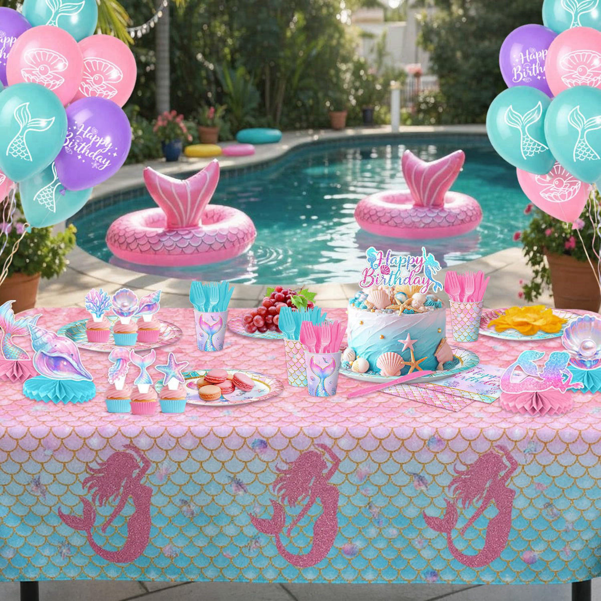 Kinovo 202 Pcs Mermaid Birthday Party Decorations (Serves 24), Mermaid Party Supplies Include Banner Hanging Plates Napk