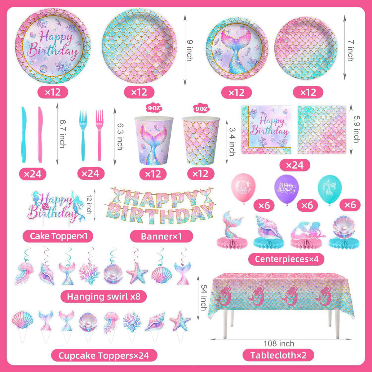 Kinovo 202 Pcs Mermaid Birthday Party Decorations (Serves 24), Mermaid Party Supplies Include Banner Hanging Plates Napk