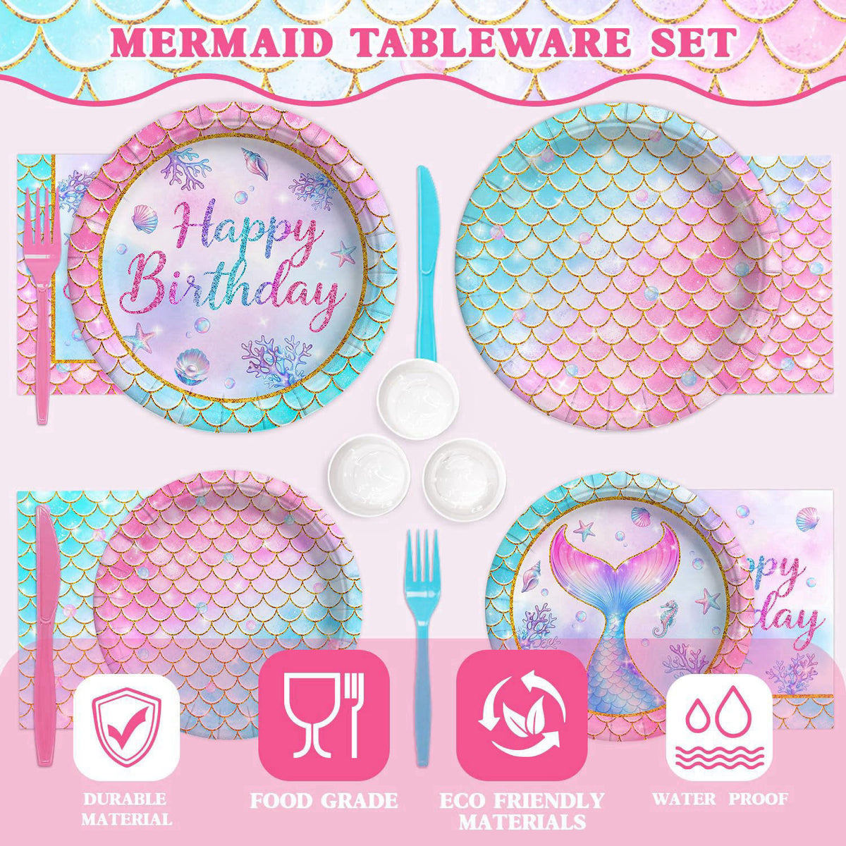 Kinovo 202 Pcs Mermaid Birthday Party Decorations (Serves 24), Mermaid Party Supplies Include Banner Hanging Plates Napk