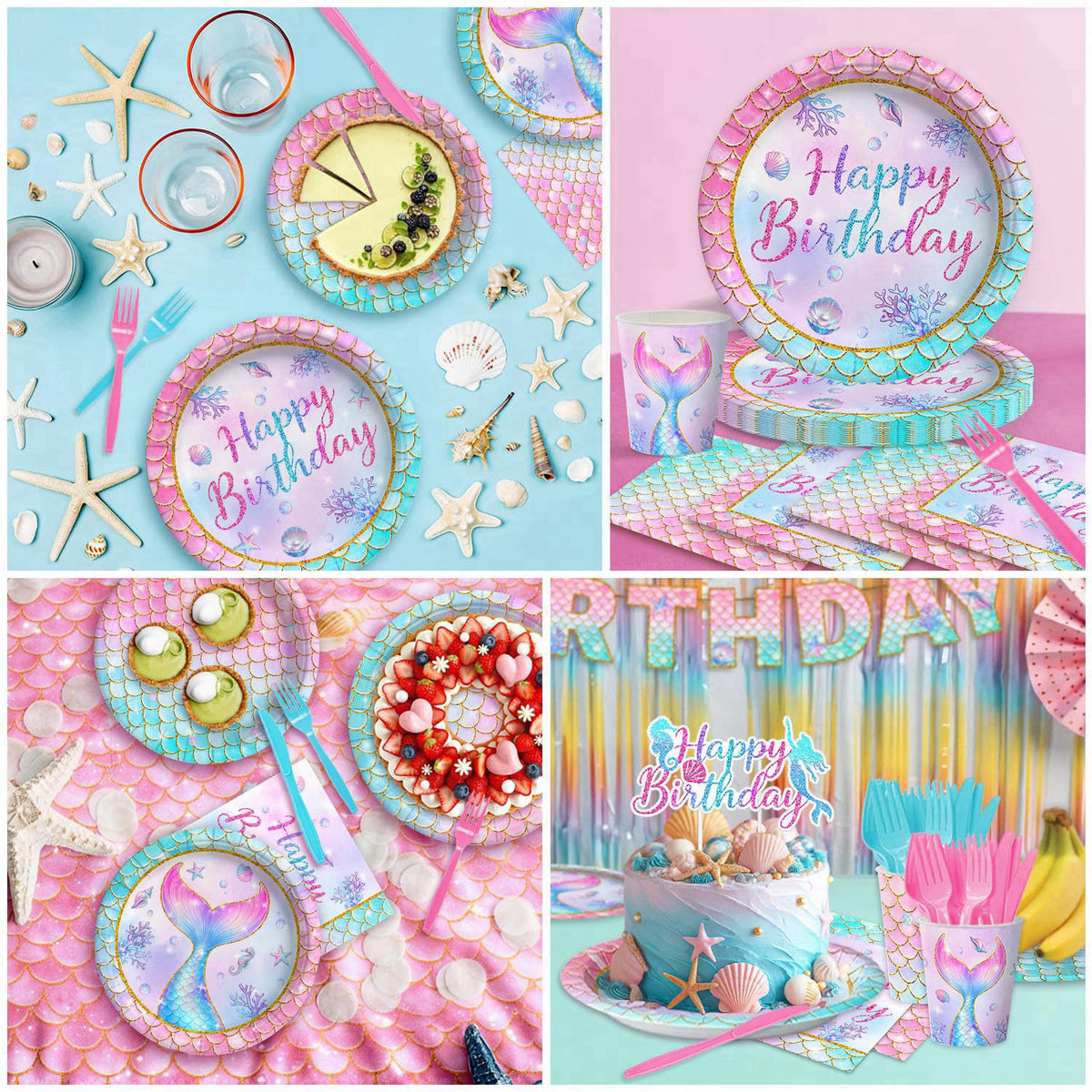 Kinovo 202 Pcs Mermaid Birthday Party Decorations (Serves 24), Mermaid Party Supplies Include Banner Hanging Plates Napk