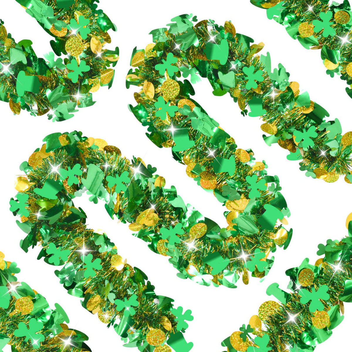 Palonu 50FT St. Patrick's Day Tinsel Garland Green Shamrock Gold Coins Metallic Tinsel Twist Garland for Irish Saint Pat