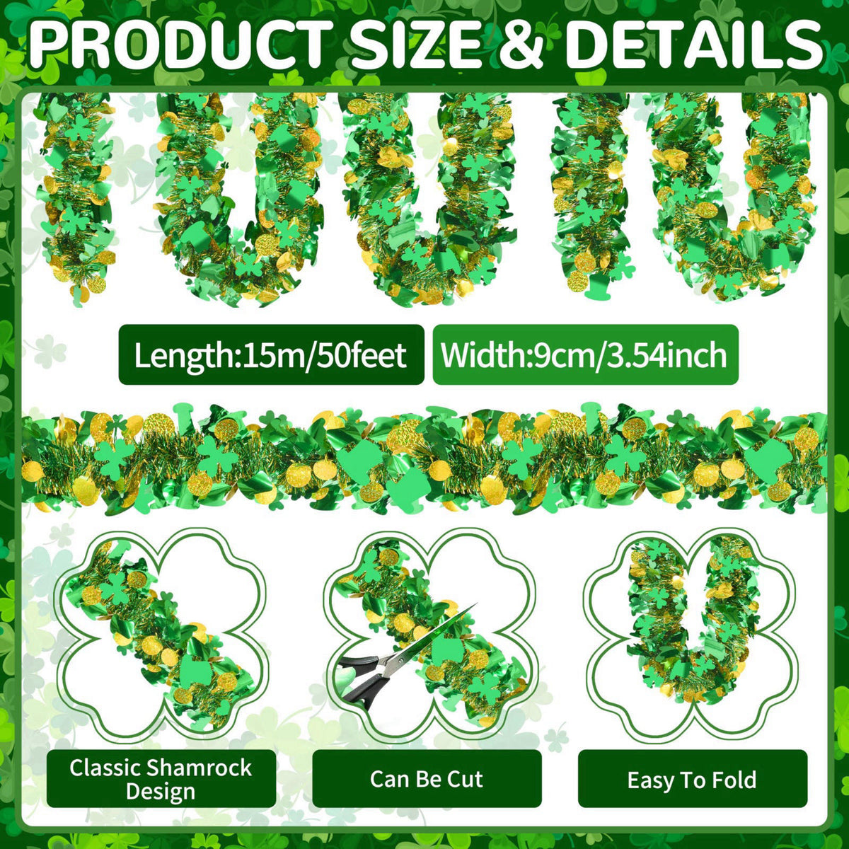 Palonu 50FT St. Patrick's Day Tinsel Garland Green Shamrock Gold Coins Metallic Tinsel Twist Garland for Irish Saint Pat