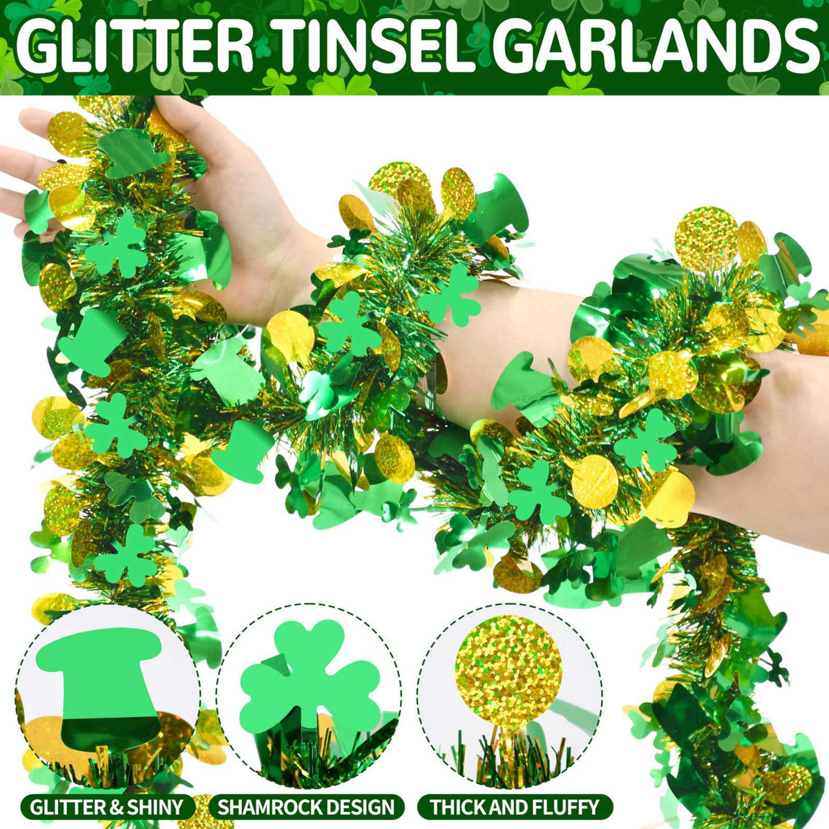 Palonu 50FT St. Patrick's Day Tinsel Garland Green Shamrock Gold Coins Metallic Tinsel Twist Garland for Irish Saint Pat