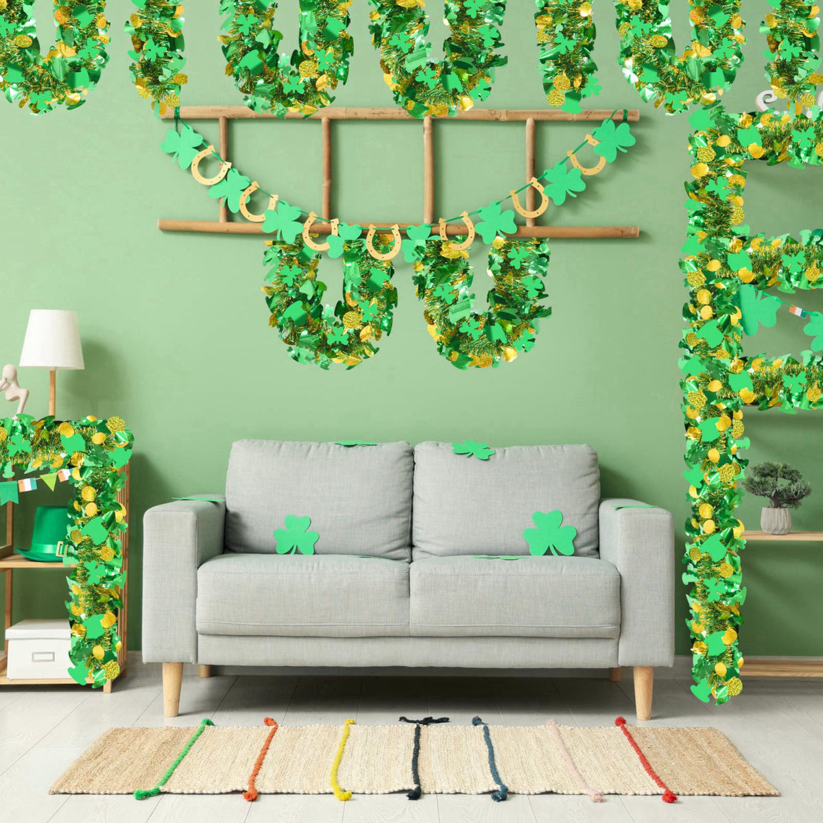 Palonu 50FT St. Patrick's Day Tinsel Garland Green Shamrock Gold Coins Metallic Tinsel Twist Garland for Irish Saint Pat