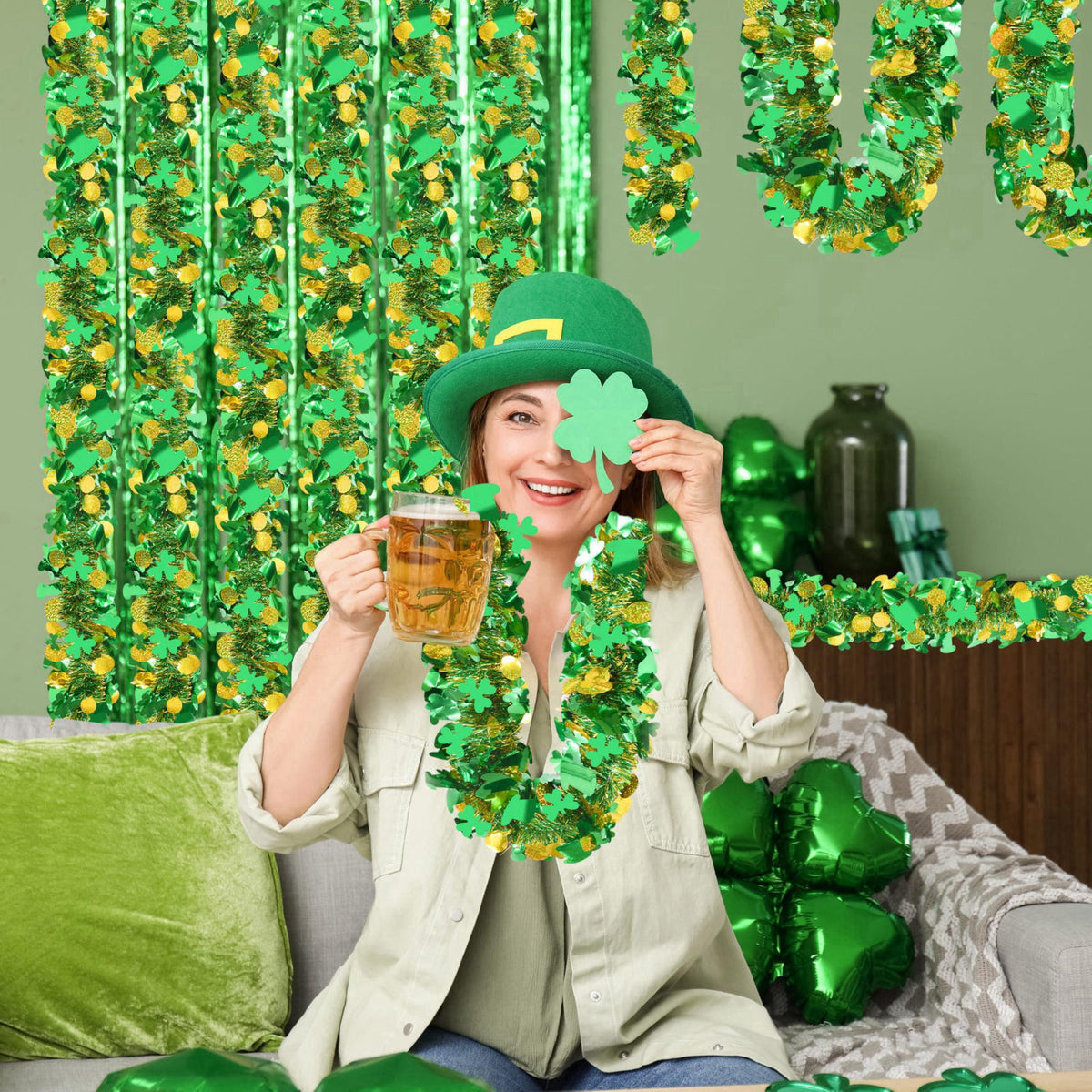 Palonu 50FT St. Patrick's Day Tinsel Garland Green Shamrock Gold Coins Metallic Tinsel Twist Garland for Irish Saint Pat
