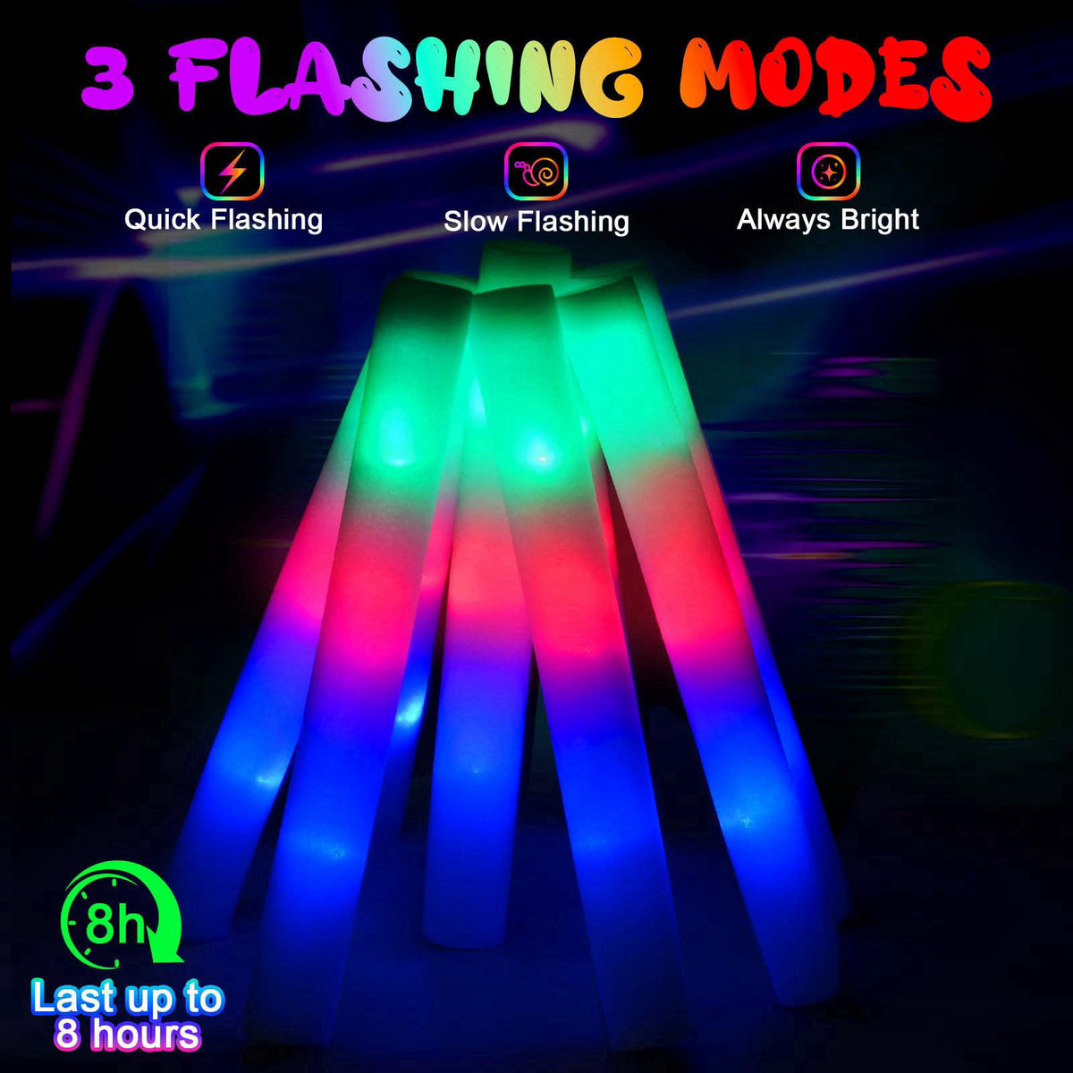 HONLYNE 44 PCS Foam Glow Sticks with 3 Modes Colorful Flashing, Foam Light Up Sticks, LED Light Sticks, Glow Sticks Part
