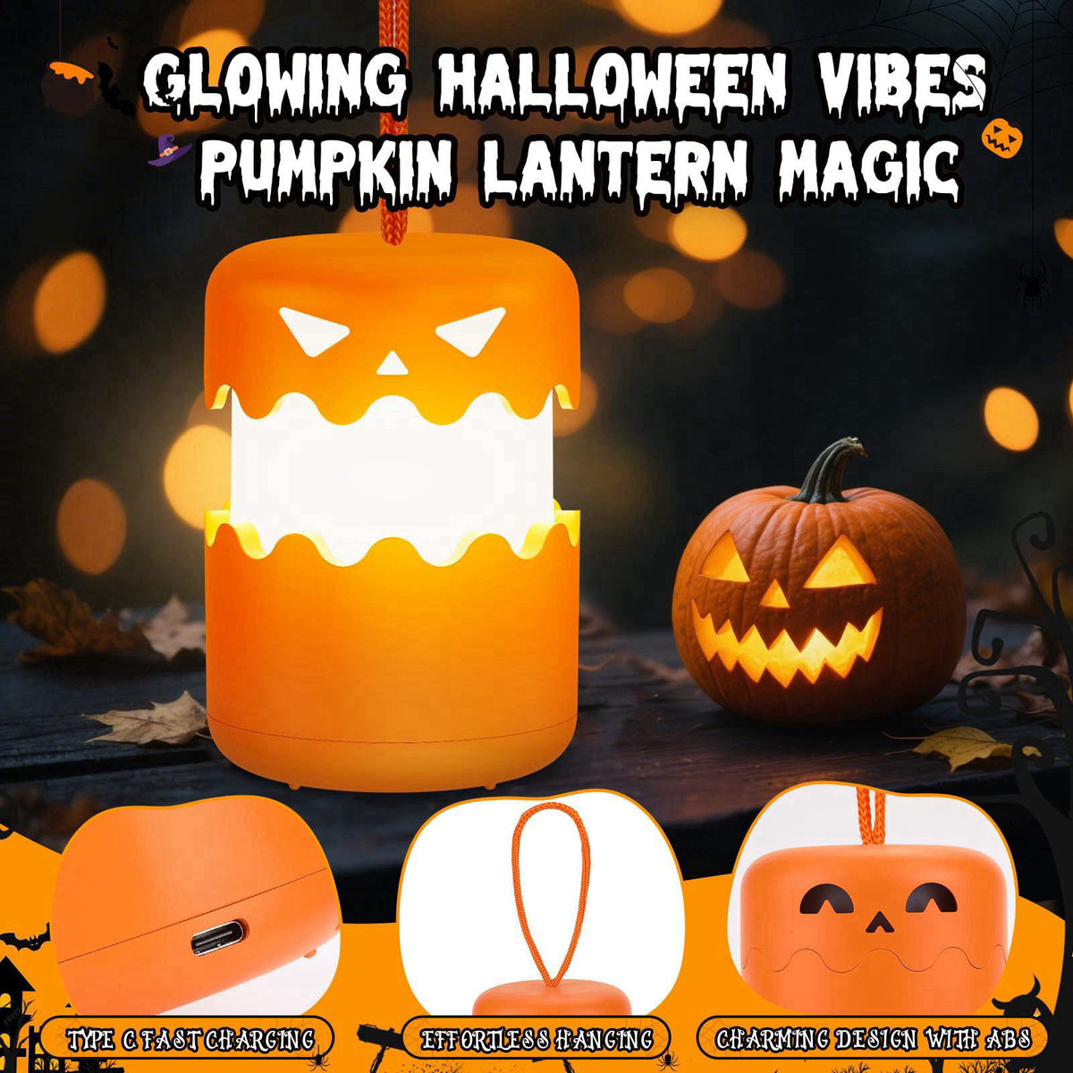 Yunaking Rechargeable Halloween Pumpkin Lantern Light Collapsible Jack O Lantern – full view
