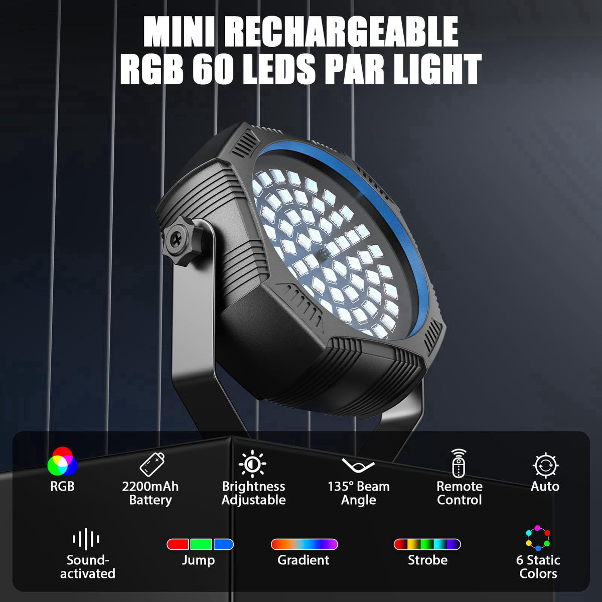 Kiinsehtoq Battery Powered Stage Lights, Rechargeable Strobe Lights USB Powered Auto Sound Activated Control, 30W RGB LE