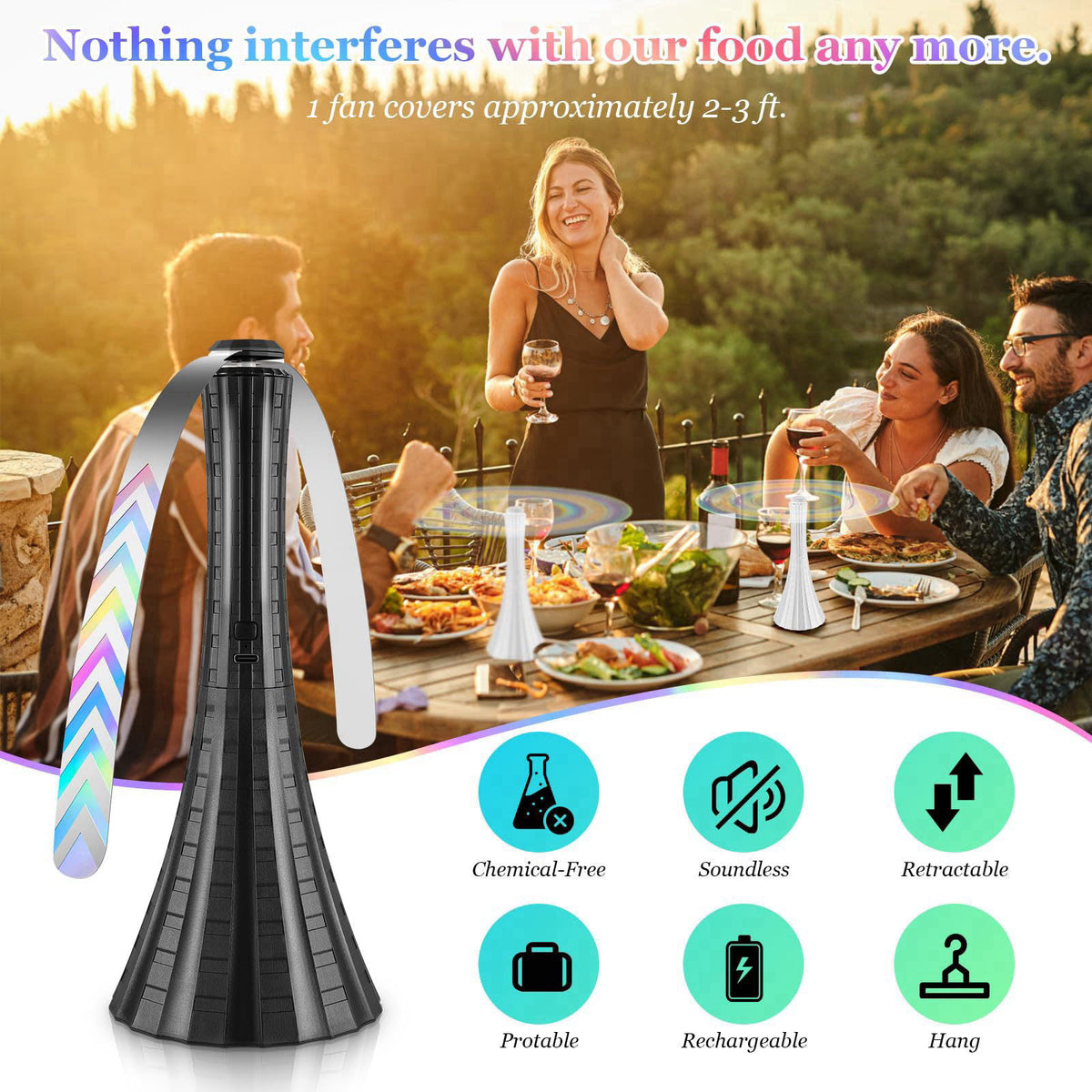 Adawook Fly Fans for Tables Rechargeable, Flies Fan to Keep Flies Away by Soft Blades, Food Fans for Camping, Picnic, Fi