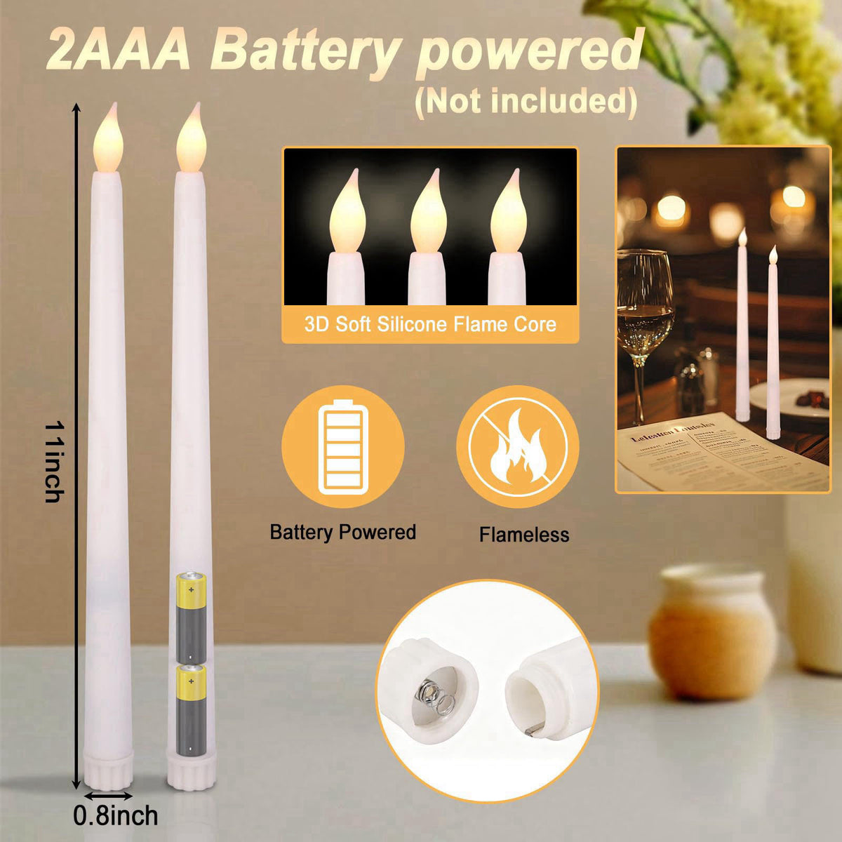 Yiizy 72 Pcs Flameless LED Taper Candles Battery Operated Candles Bulk 11 Inch Flickering Fake Candlesticks for Christma