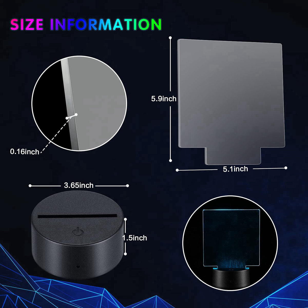 Honoson 6 Sets Acrylic LED Light Kit Lamp Base Remote, Square – close-up detail in clear